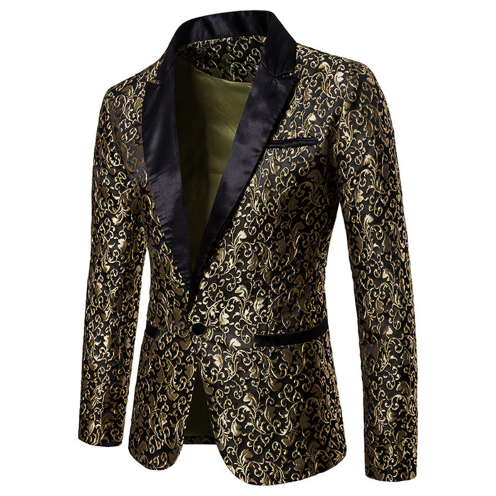 Mens Gold Jacquard Bronzing Floral Single Button Blazer