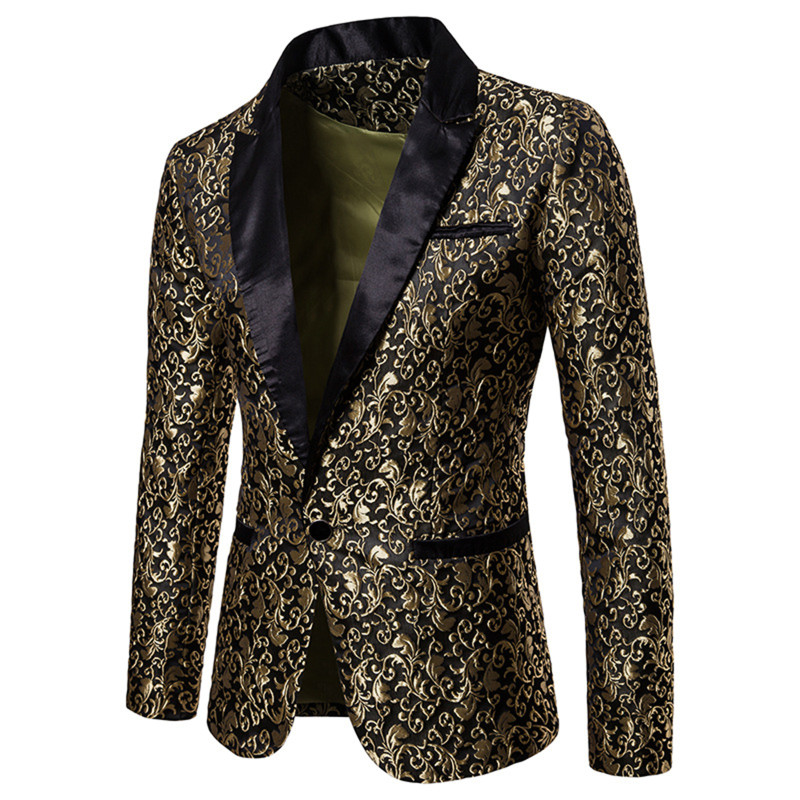 Mens Gold Jacquard Bronzing Floral Single Button Blazer