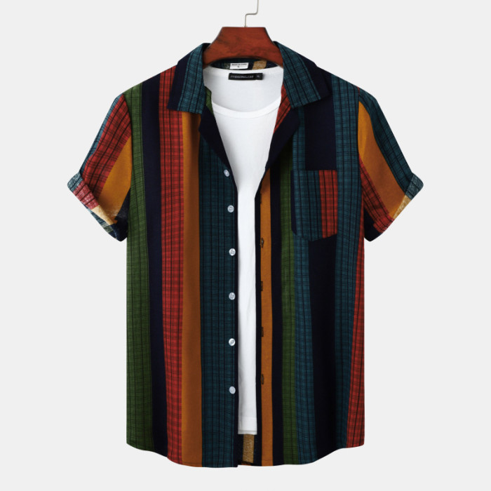 New Men's Cotton Linen Stripe Short Sleeve Shirt