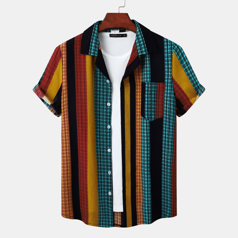 New Men's Cotton Linen Stripe Short Sleeve Shirt