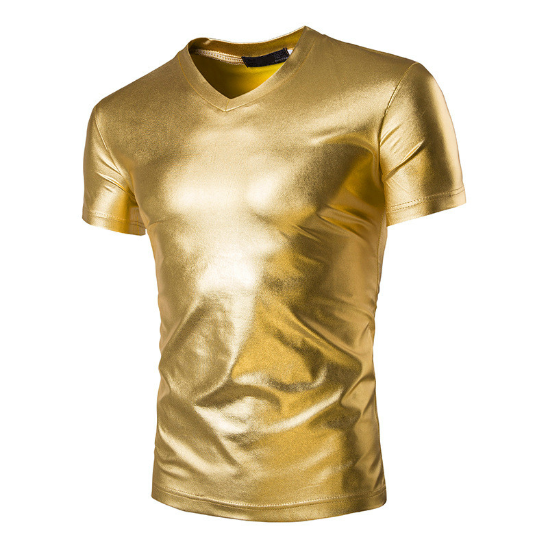 Men Shiny V-neck Sexy Short Sleeve Casual T-shirt