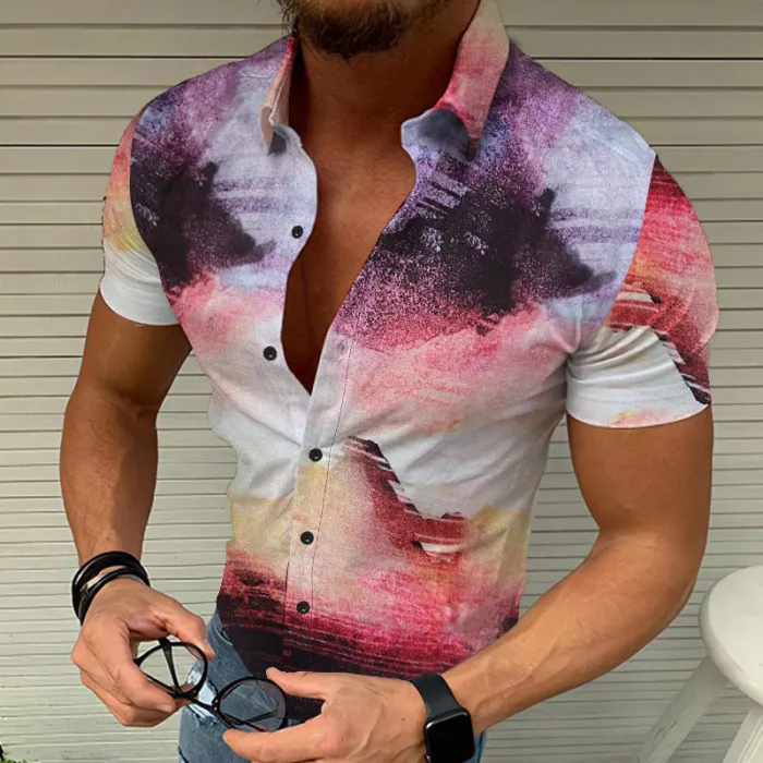 2023跨境外贸亚马逊欧美爆款3D数码印花夏威夷风男士休闲短袖衬衫