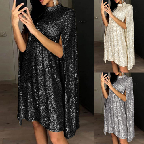 Cloak Style Party Sequin Solid Color Evening Dress