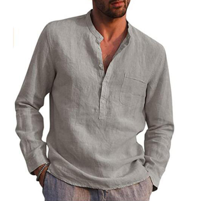 Men's Cotton Linen Long-Sleeved Solid Color Casual Shirts