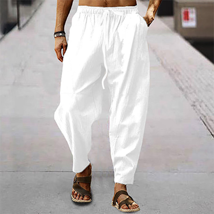 Men's Cotton Hemp Drawstring Casual Beach Pants