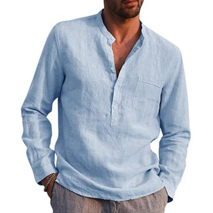 Men's Cotton Linen Long-Sleeved Solid Color Casual Shirts