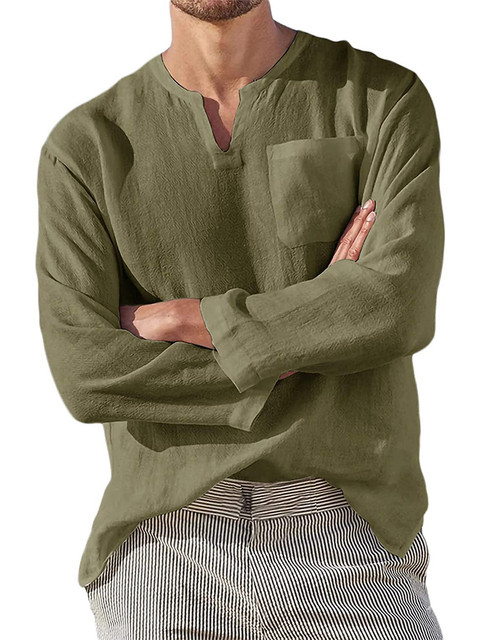 Men's Cotton Linen Long Sleeve Casual Vintage V-Neck Loose Shirt