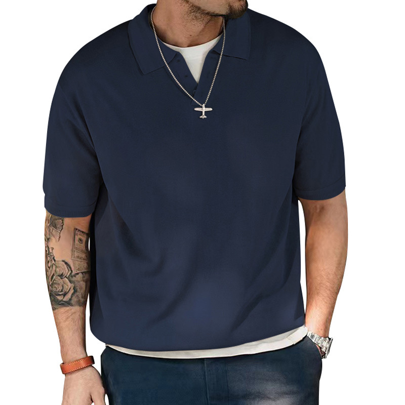 Fashion Lapel Men's Short-sleeved Pure Casual V-neck Pure Cotton Skin-friendly T-shirt