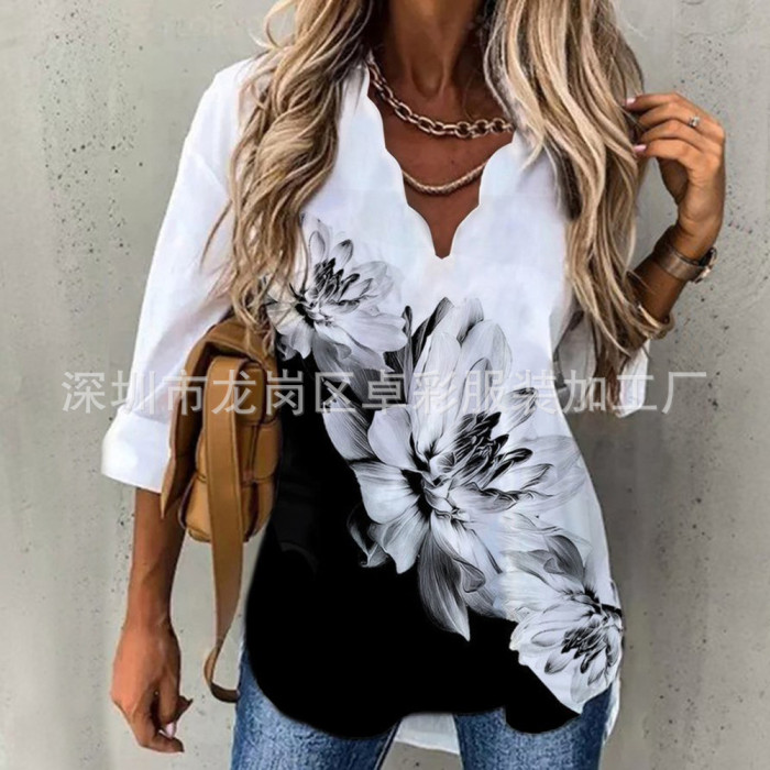 Women Floral Print Loose V Neck Long Sleeve Blouse