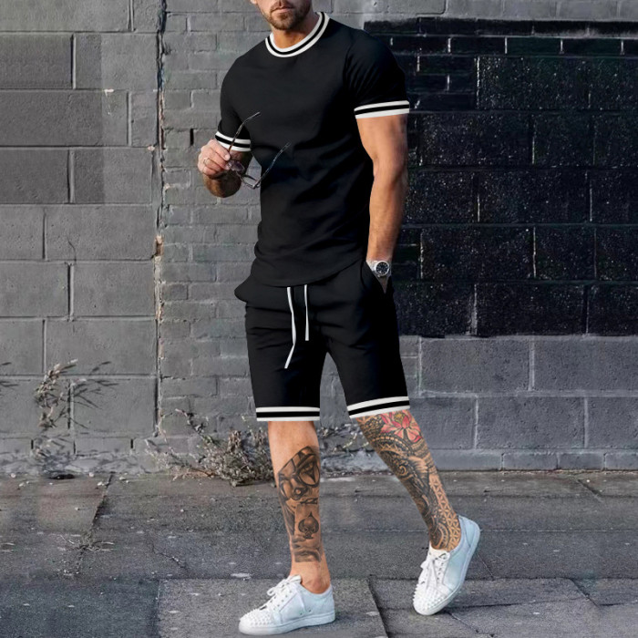 New Mens Solid Color Short Sleeve Shorts Casual Fashion Two Piece Set
