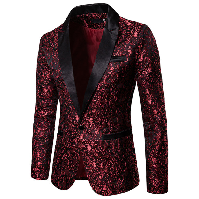 Mens Gold Jacquard Bronzing Floral Single Button Blazer