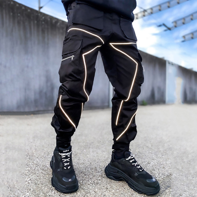 Fashion Streetwear Patchwork Reflective Stripe Cargo Pants