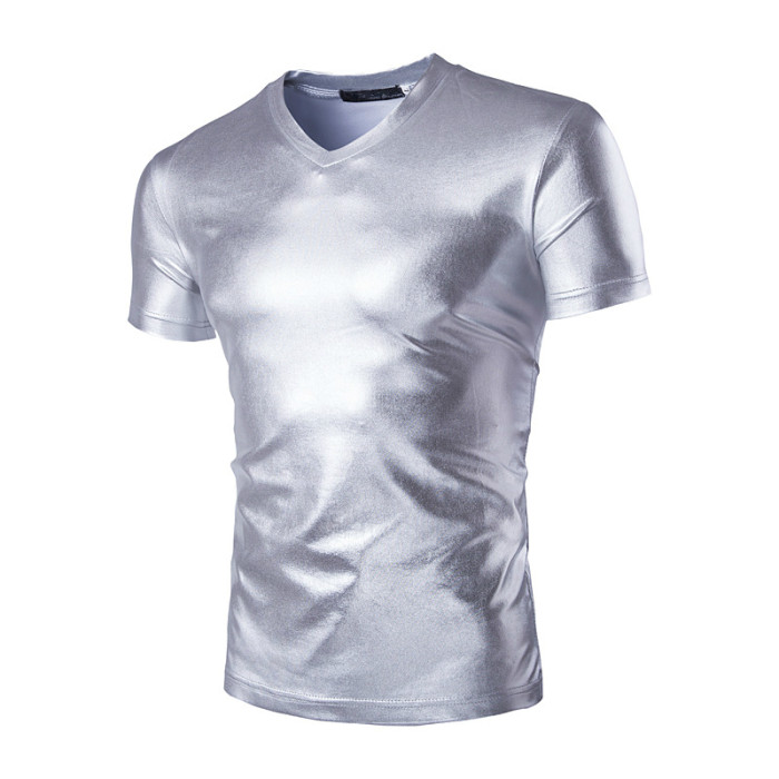 Men Shiny V-neck Sexy Short Sleeve Casual T-shirt