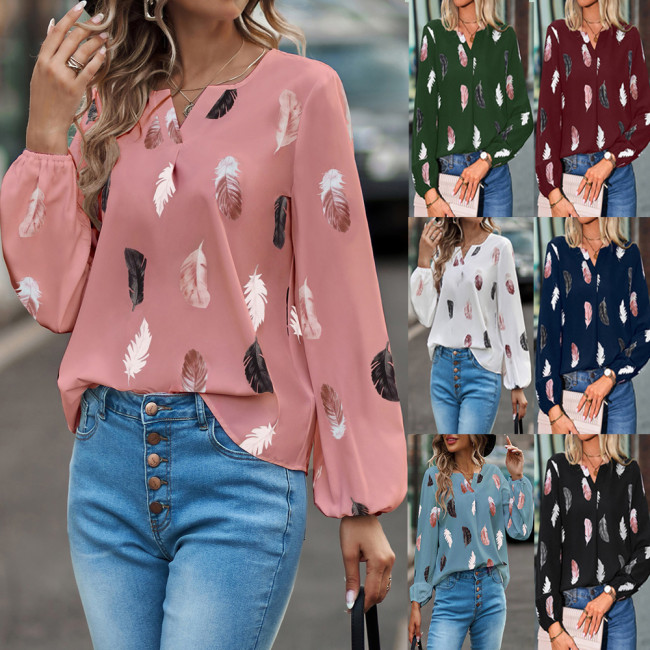 Women V Neck Print Loose Lantern Sleeve Blouse