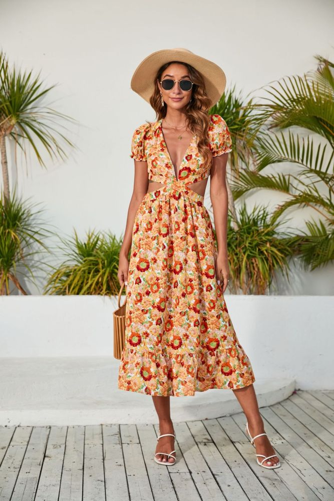 New Women's V-neck Print Backless Vacation Dress