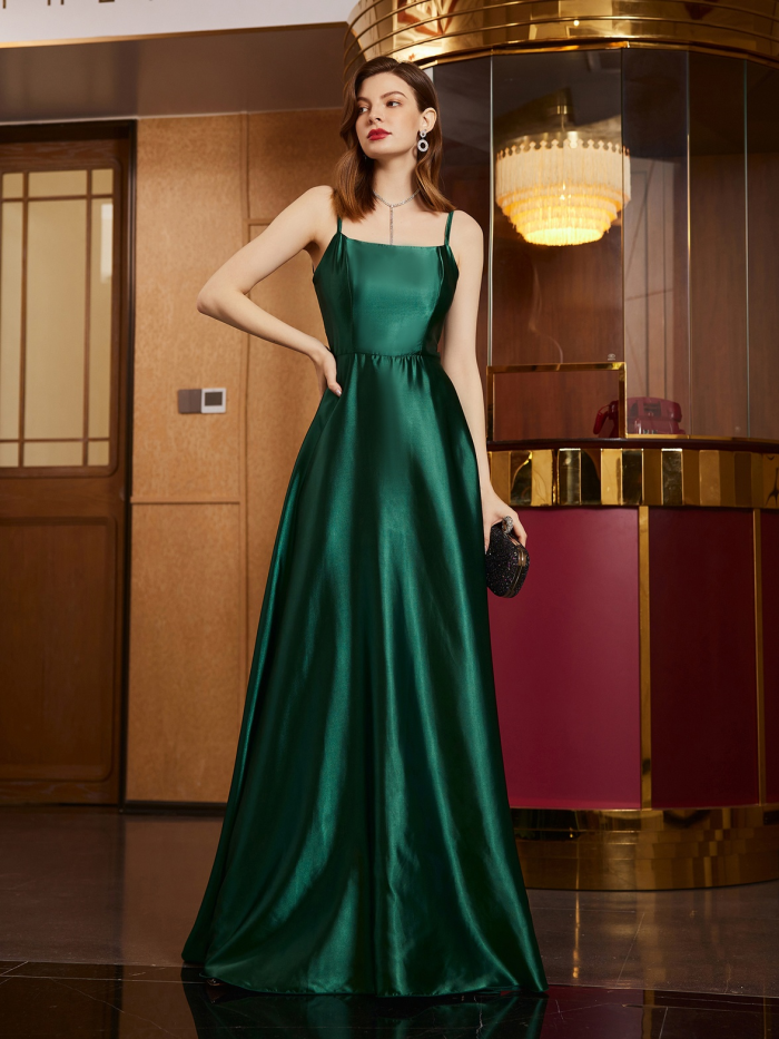 Dark Green Backless Lace-Up  Wedding Guest Evening Dresses