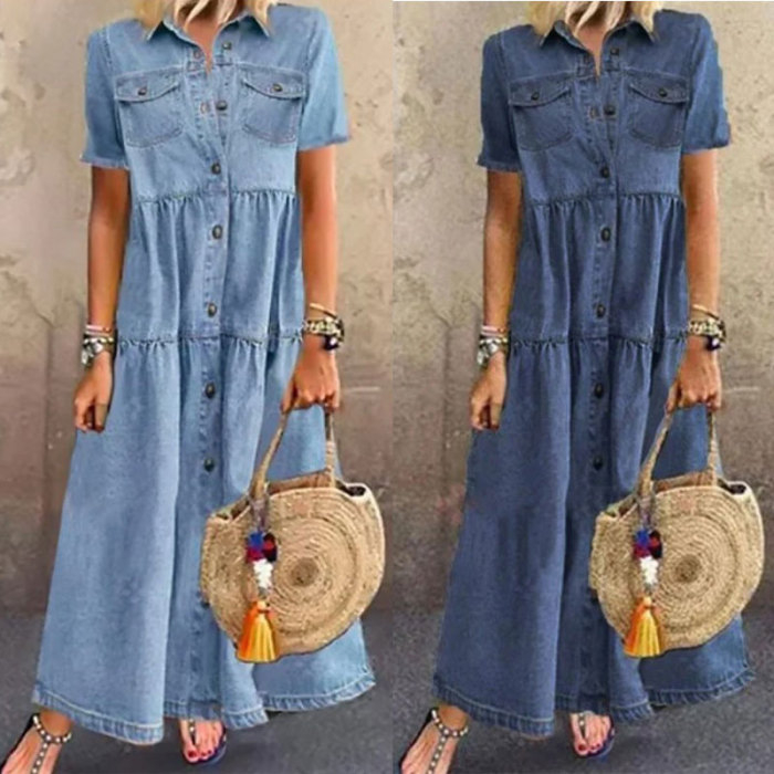 Casual Denim Pleated Short Sleeve Shirt Dress