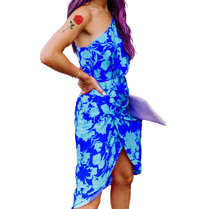 Women Sexy Irregular One Shoulder Print Slim Vacation Dress