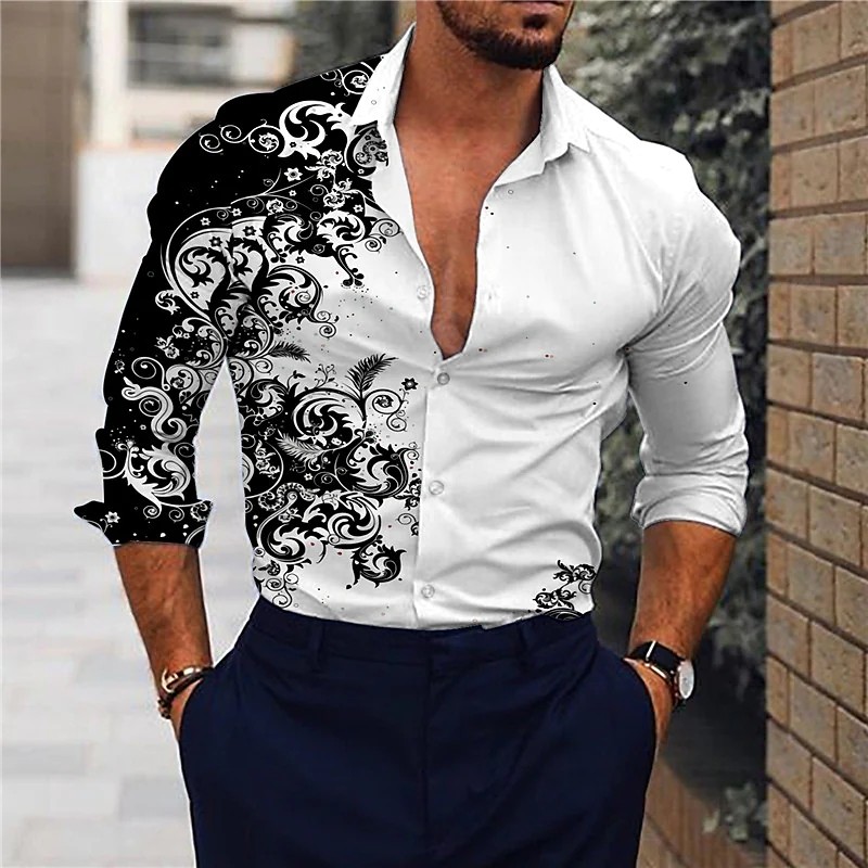 Men's Digital Printing Lapel Single Breasted Casual Long Sleeves Fashion Shirt