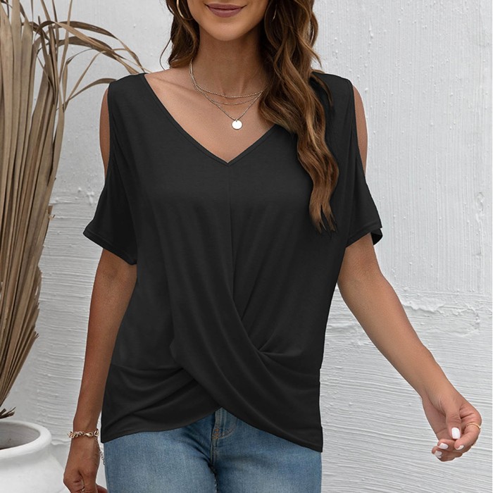 Women's Fashion Casual V-neck Solid Color Off-shoulder Irregular Short Sleeve T-shirt