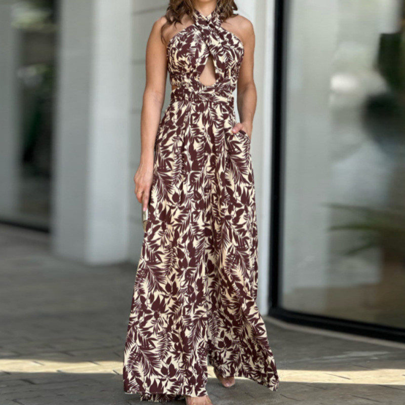 Loose-print Sleeveless Open-back Jumpsuit