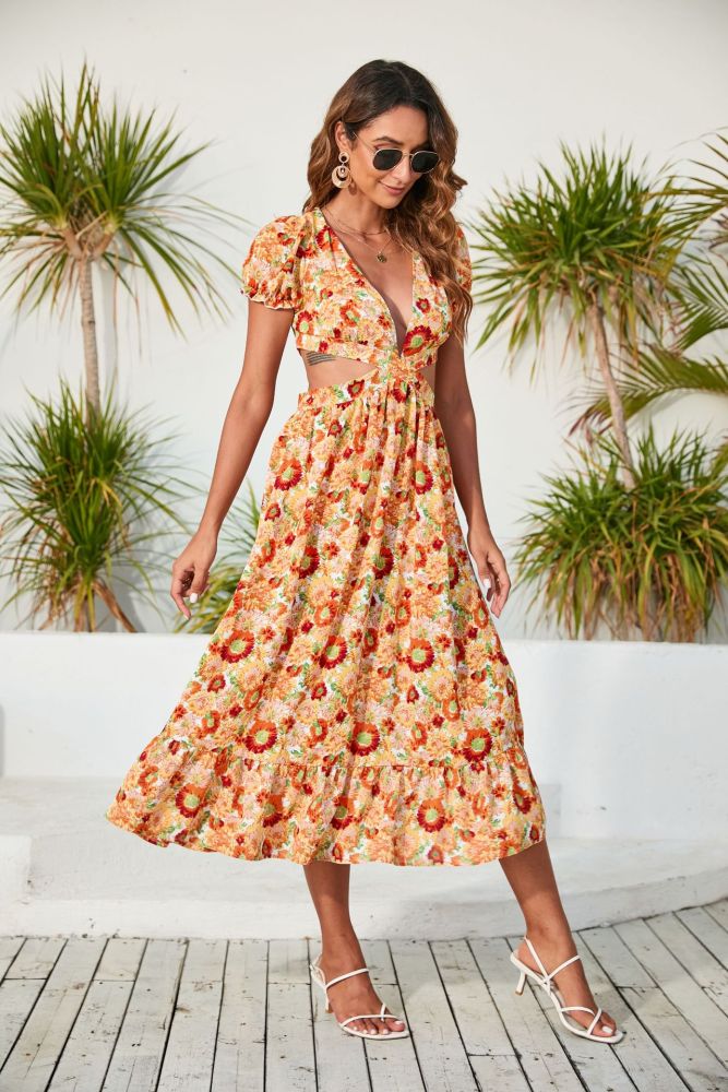 New Women's V-neck Print Backless Vacation Dress