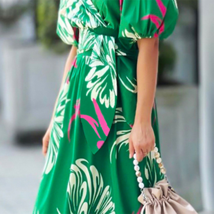 Women's Elegant Printed V-neck Bubble Sleeve Pleated Maxi Dress
