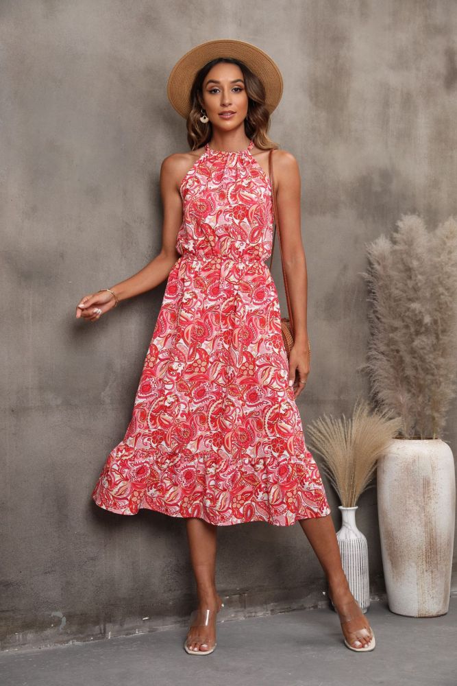 New Women's Sleeveless Halter Floral Vacation Dress