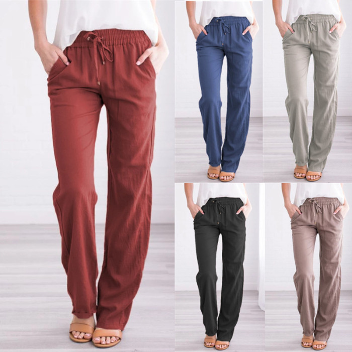 Women's Cotton Linen Drawstring Loose Wide-Leg Pants