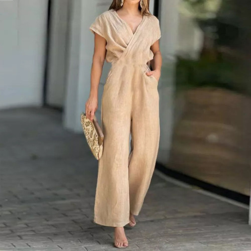 Elegant Casual Short Sleeve Loose V Neck High Waist Wide Leg Jumpsuit