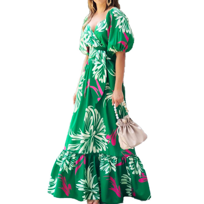 Women's Elegant Printed V-neck Bubble Sleeve Pleated Maxi Dress