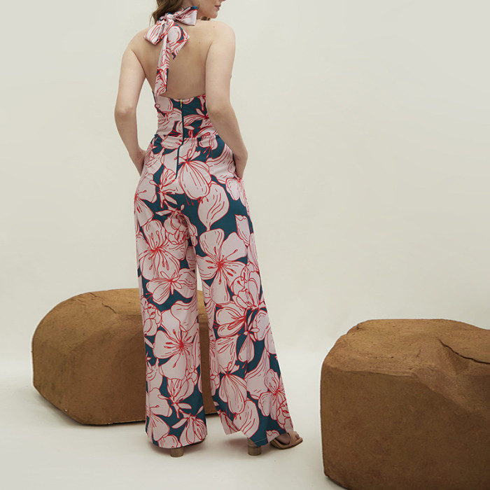 New Spring Womenswear Prints Lace-up Wide-leg Jumpsuits