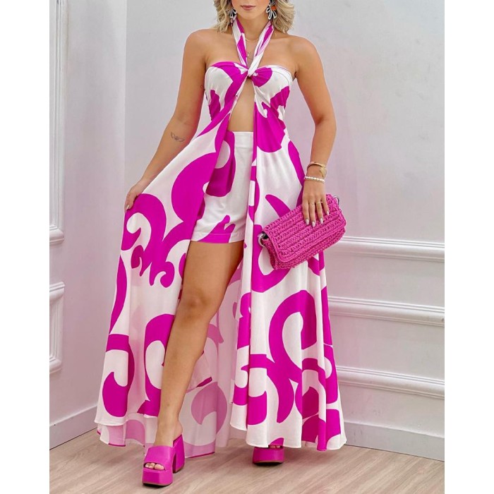 Women Casual Fashion Print Sleeveless Split Dress & Short Sets Vacation Dresses