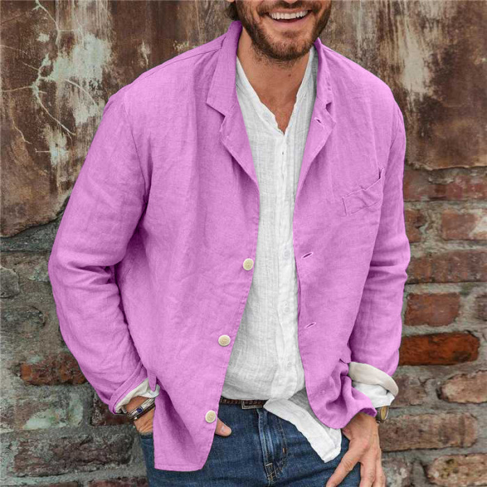 Men Solid Color Long Sleeve Thin Linen Casual Blouse