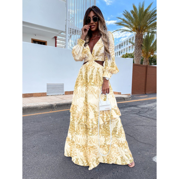 Women Sexy V-Neck Backless Hollow Out Lantern Sleeve Maxi Dress