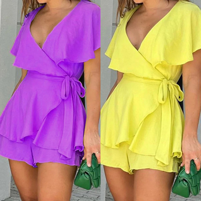 Women's Short Sleeve V-neck Ruffle Jumpsuit