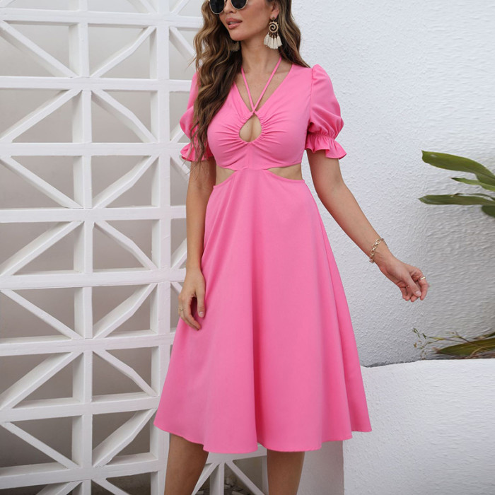 Women's Elegant V-neck Casual Fashion Solid Color Dress