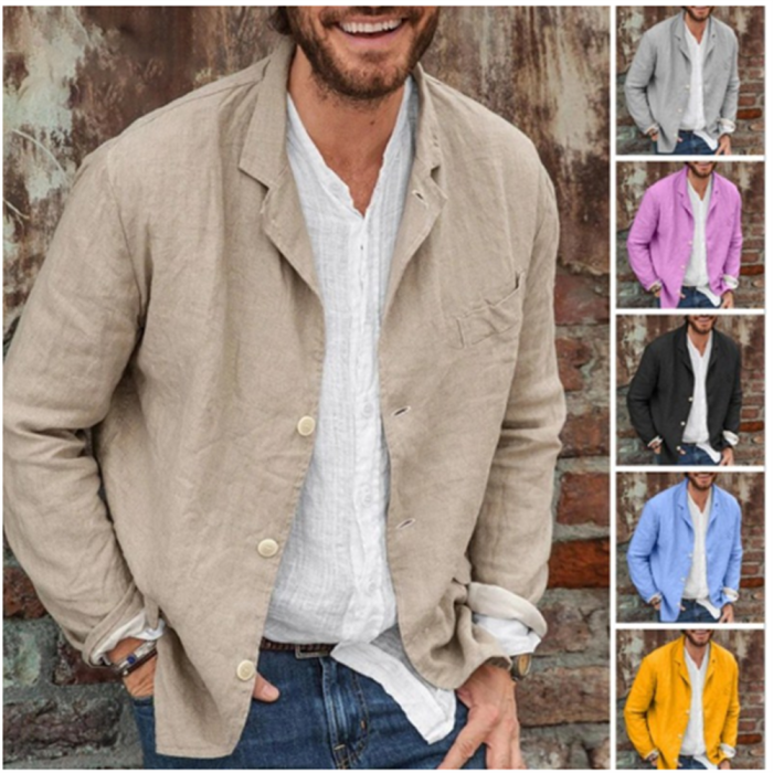 Men Solid Color Long Sleeve Thin Linen Casual Blouse