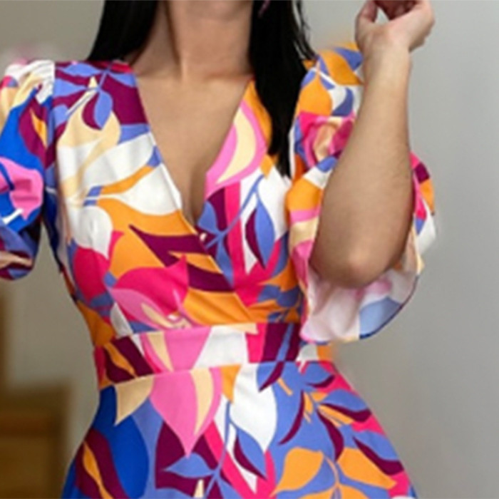 Women's Fashion Temperament Commuter V-neck Printed Ruffle Dress
