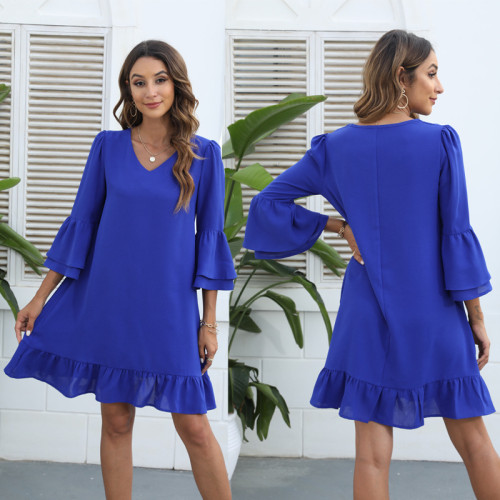 New Women's V-neck Mid-sleeve Solid Color Loose Casual Dress