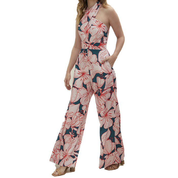 New Spring Womenswear Prints Lace-up Wide-leg Jumpsuits