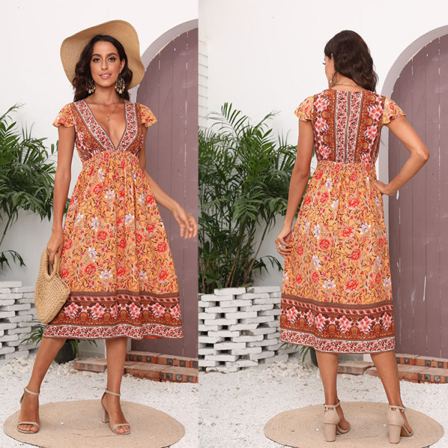 New Women's V-neck Short Sleeve Print Vacation Dress