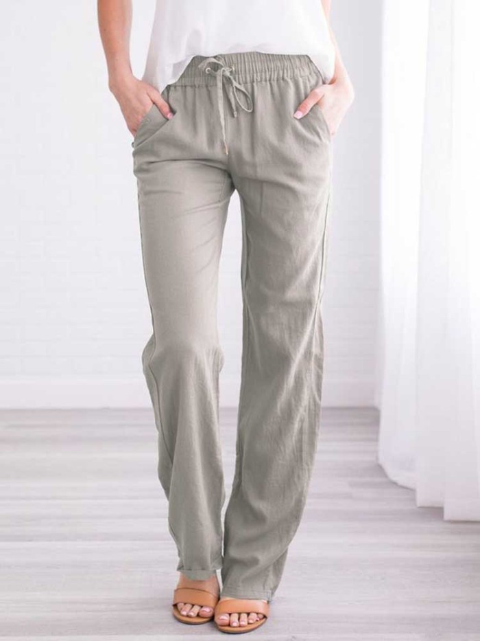 Women's Cotton Linen Drawstring Loose Wide-Leg Pants
