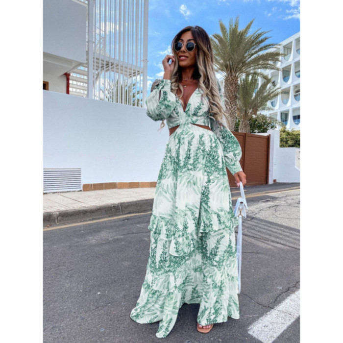 Women Sexy V-Neck Backless Hollow Out Lantern Sleeve Maxi Dress
