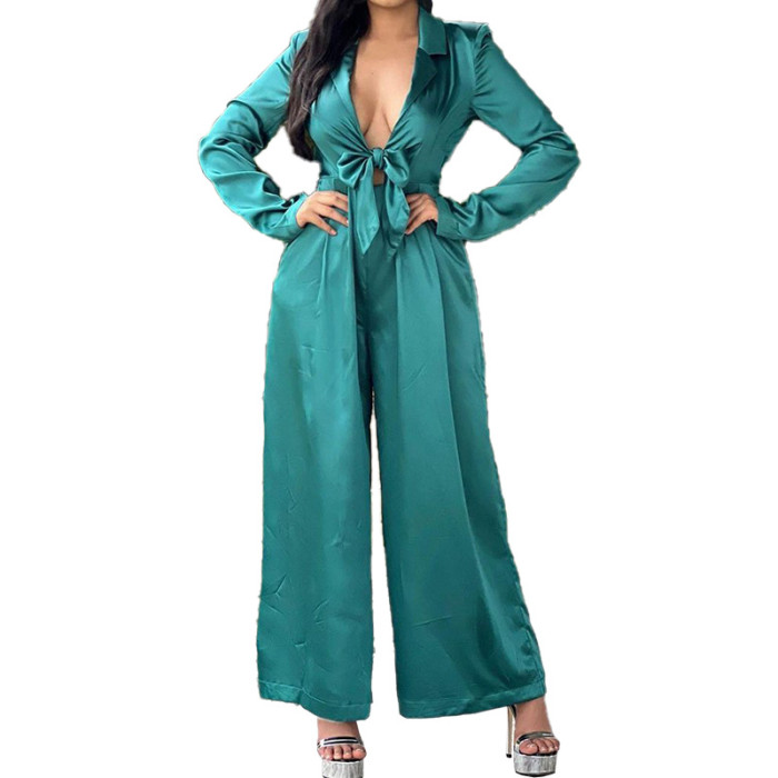 Women's Solid Color Lace-up Dark V-neck Loose Jumpsuit