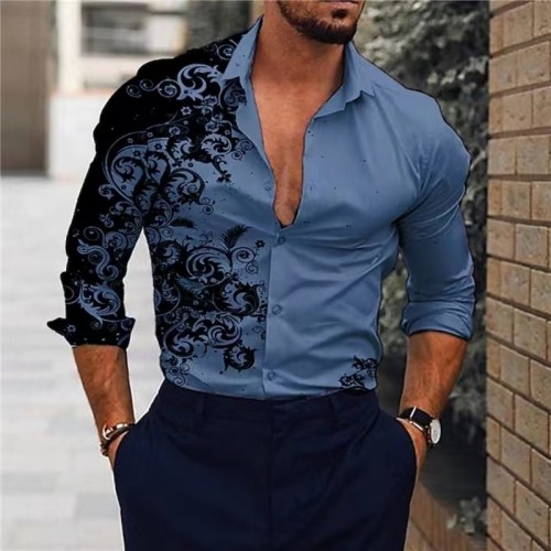 Men's Digital Printing Lapel Single Breasted Casual Long Sleeves Fashion Shirt