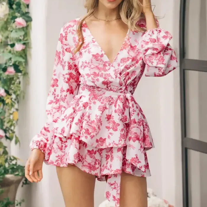 New Sexy V-neck Tie-up Ruffled Floral Dress