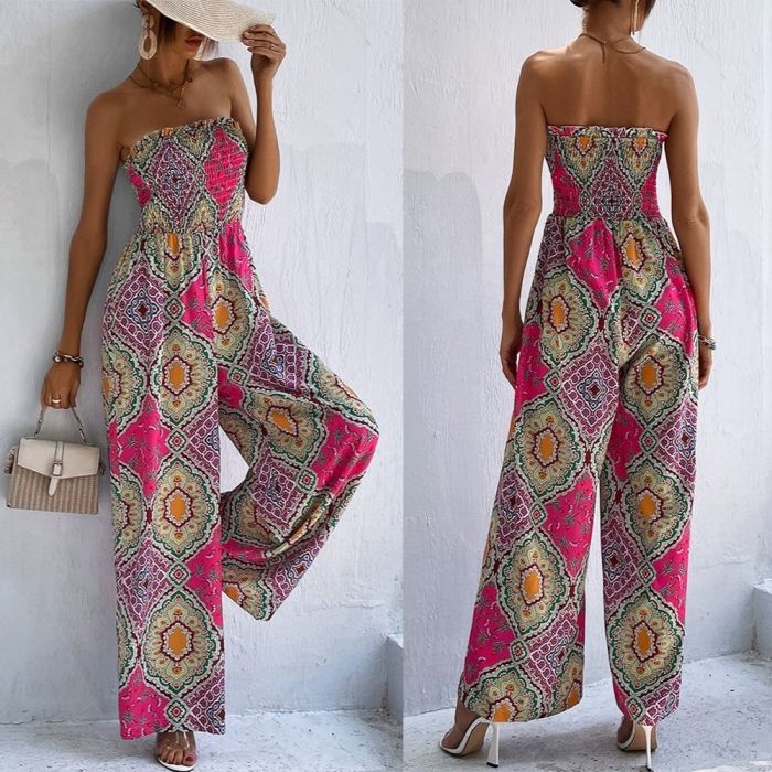 Strapless Casual Floral Bohemian Print Wide Leg Jumpsuit