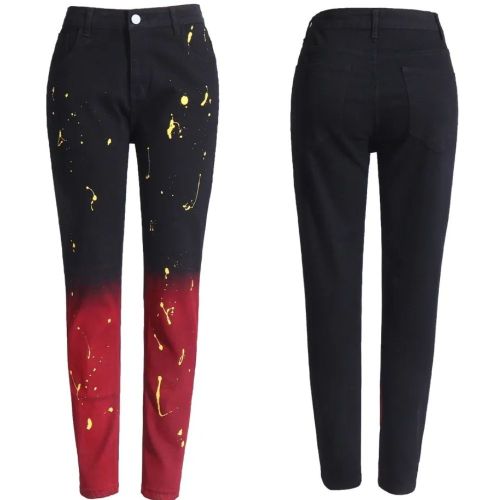 Men Red And Black Gradient Printing Painted Stretch Slim Pants