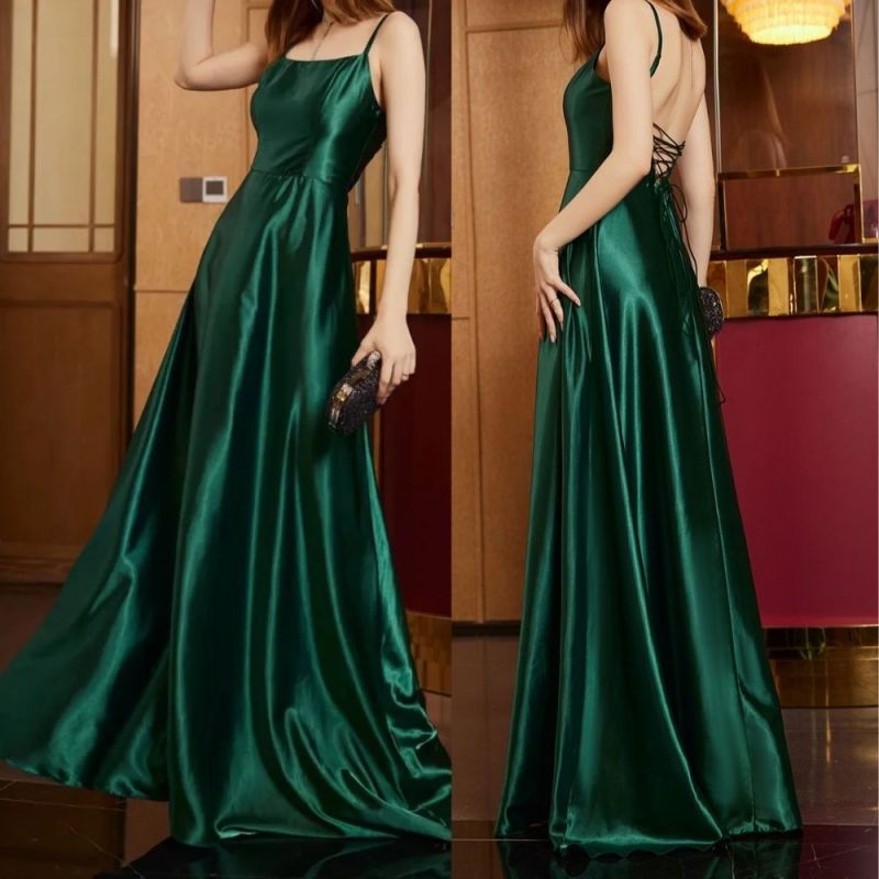 Dark Green Backless Lace-Up  Wedding Guest Evening Dresses